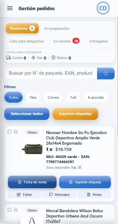 Ficha de pedido de Mercado Libre en el celular, con datos del comprador y del envío